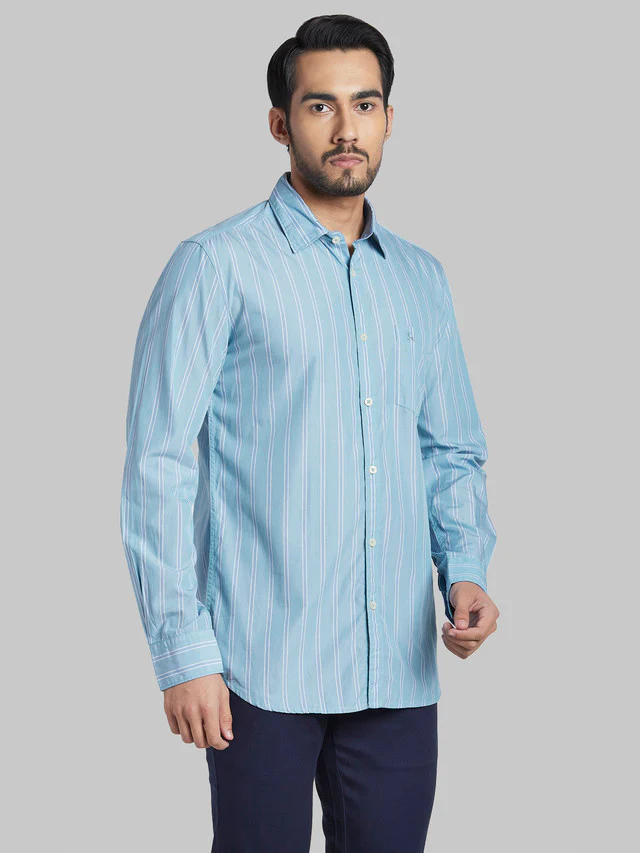 Parx Blue Stripe Slim Fit Cotton Casual Shirt - Image 2