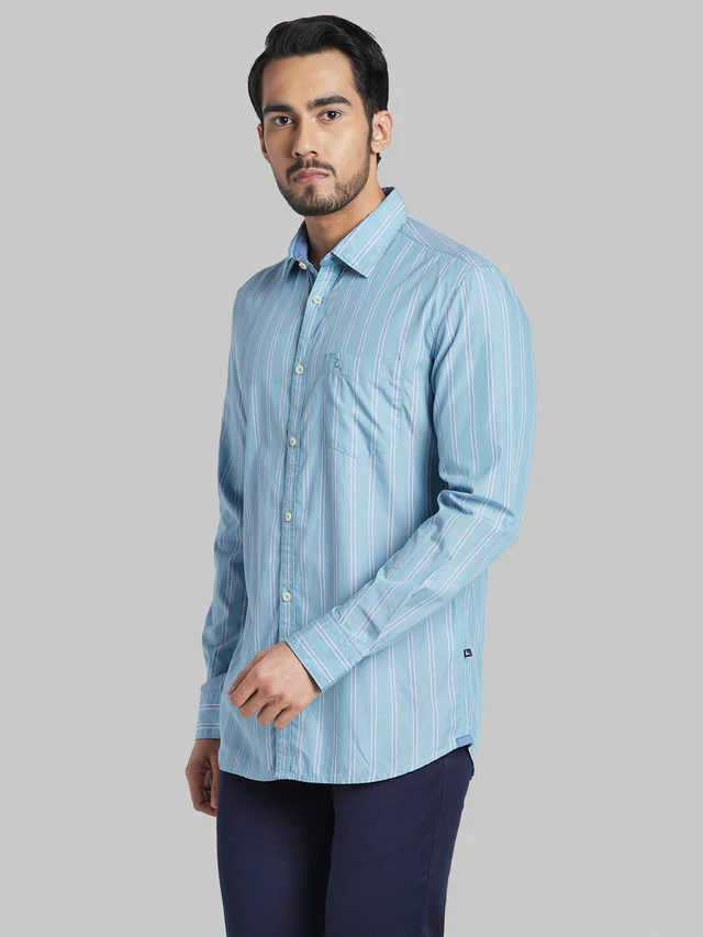 Parx Blue Stripe Slim Fit Cotton Casual Shirt - Image 3