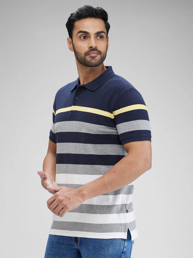 Parx Blue Yarn Dyed Regular Fit Cotton Blend T-Shirt - Image 3