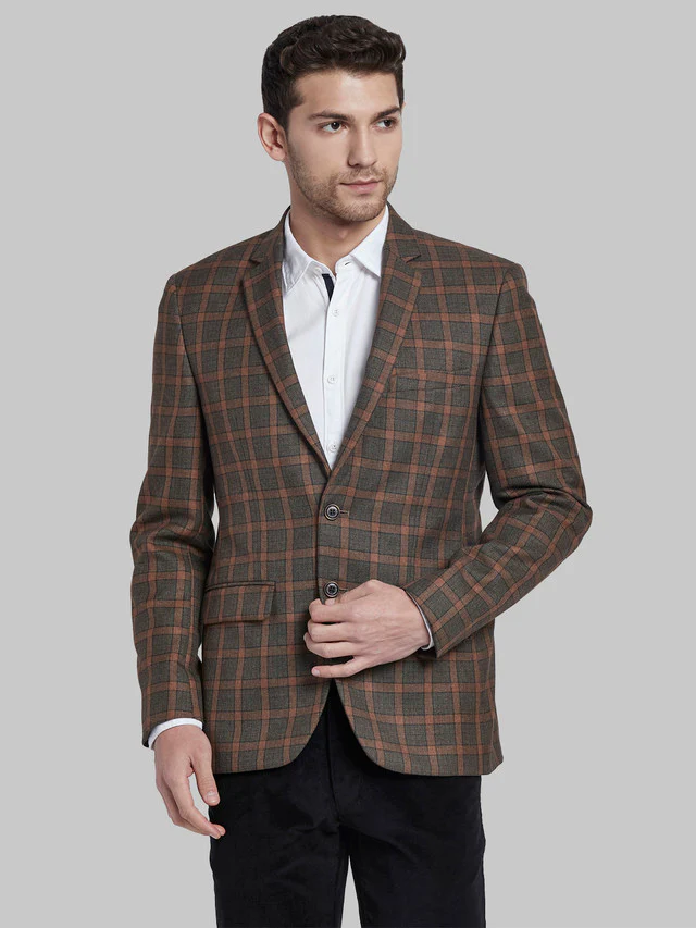 Parx Brown Checks Urban Fit Cotton Blend Blazer