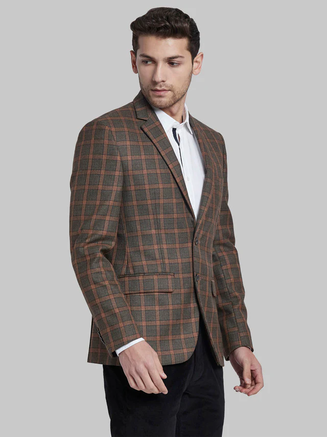 Parx Brown Checks Urban Fit Cotton Blend Blazer - Image 2