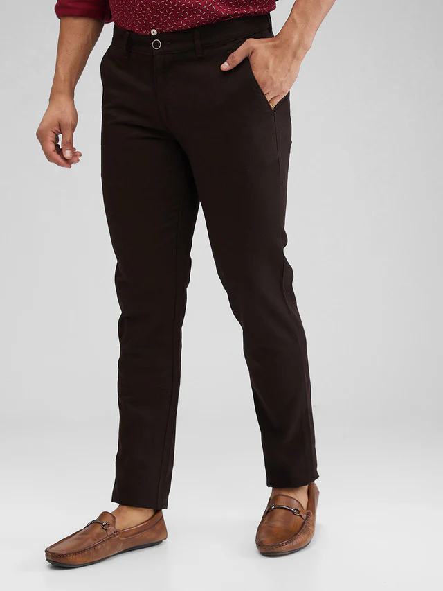 Parx Brown Solid Low Rise Tapered Fit Cotton Trouser - Image 3