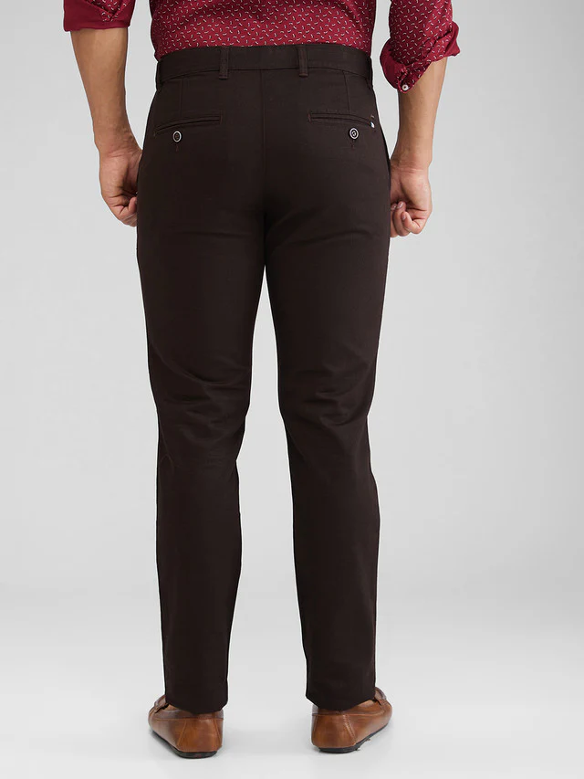 Parx Brown Solid Low Rise Tapered Fit Cotton Trouser - Image 4