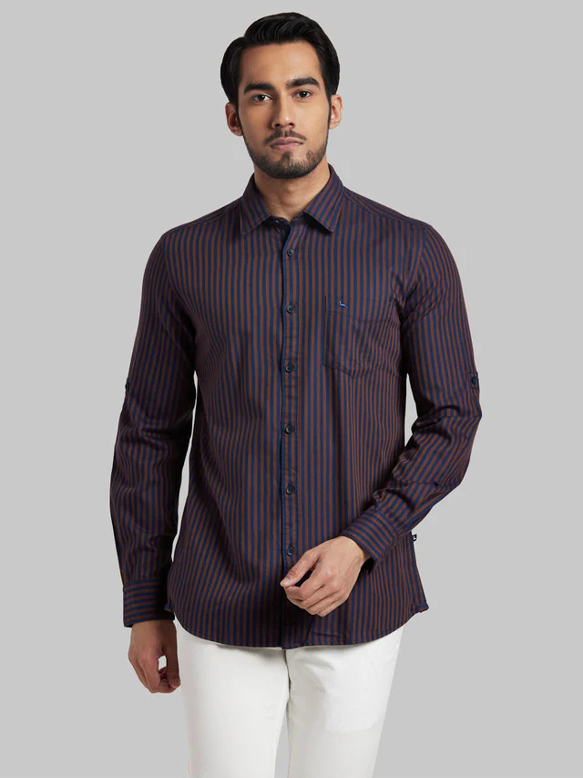 Parx Brown Stripe Slim Fit Cotton Casual Shirt