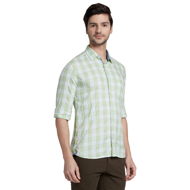 Parx Green Checks Slim Fit Full Sleeve Cotton Blend Shirt - Image 2