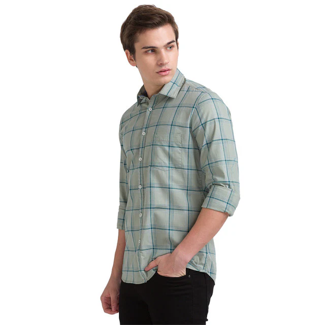 Parx Green Checks Slim Fit Full Sleeve Cotton Shirt - Image 2