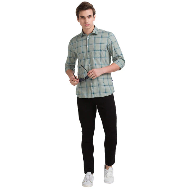 Parx Green Checks Slim Fit Full Sleeve Cotton Shirt - Image 4