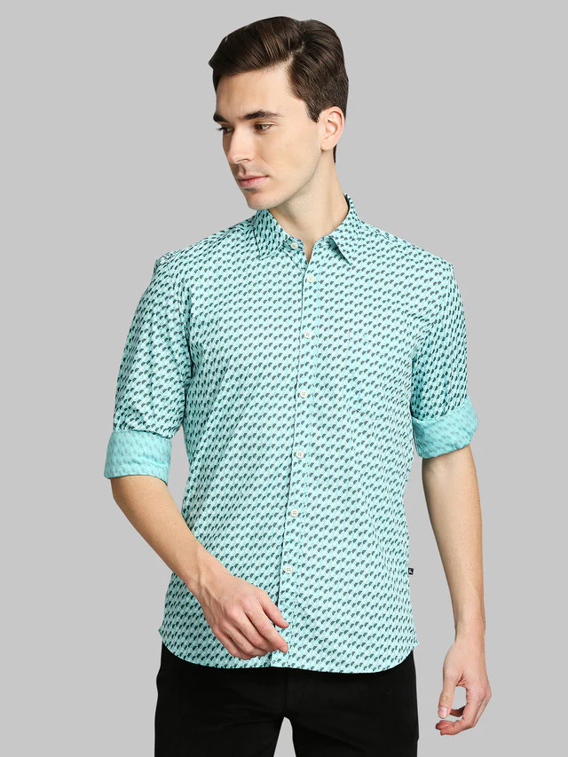 Parx Green Printed Slim Fit Cotton Casual Shirt