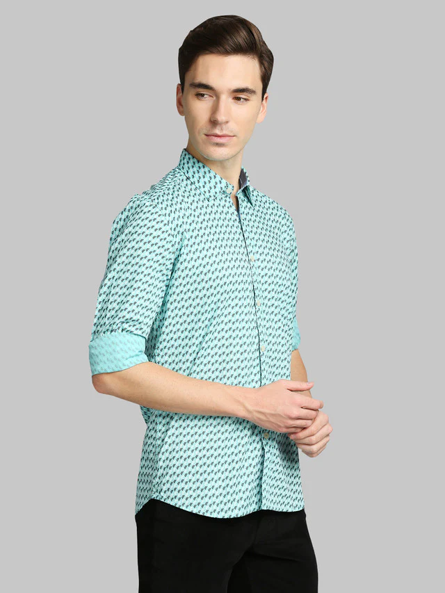 Parx Green Printed Slim Fit Cotton Casual Shirt - Image 2