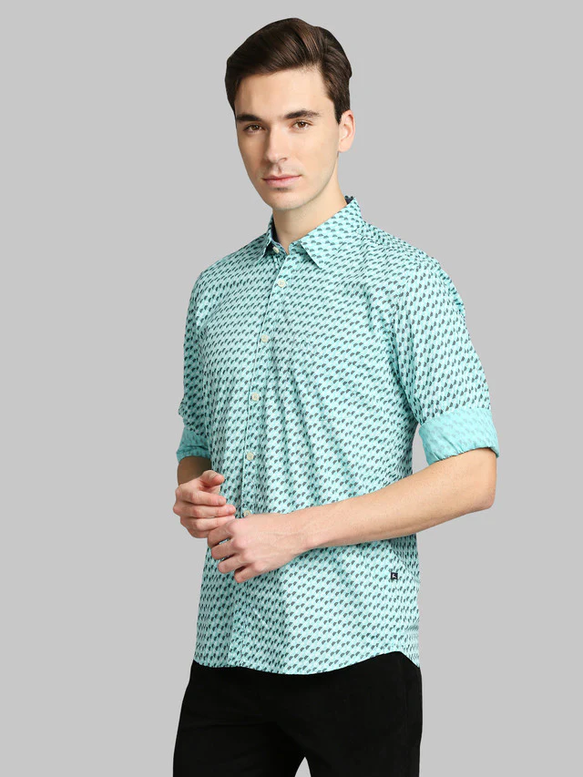 Parx Green Printed Slim Fit Cotton Casual Shirt - Image 3