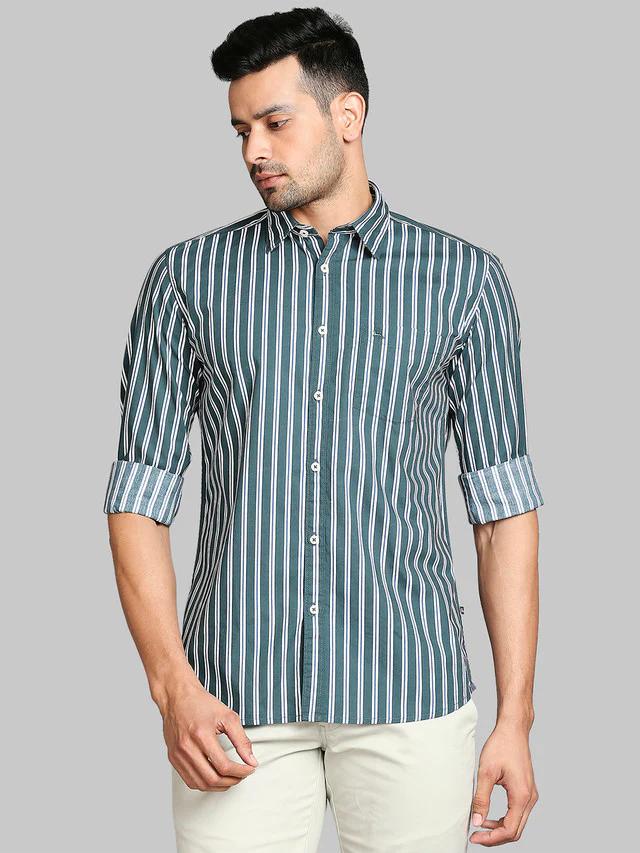 Parx Green Stripe Slim Fit Cotton Casual Shirt