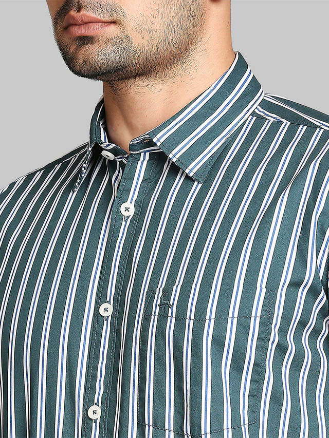 Parx Green Stripe Slim Fit Cotton Casual Shirt - Image 6