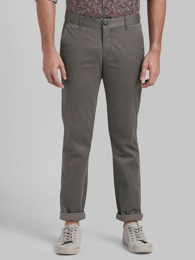 Parx Grey Printed Super Slim Fit Cotton Blend Trouser