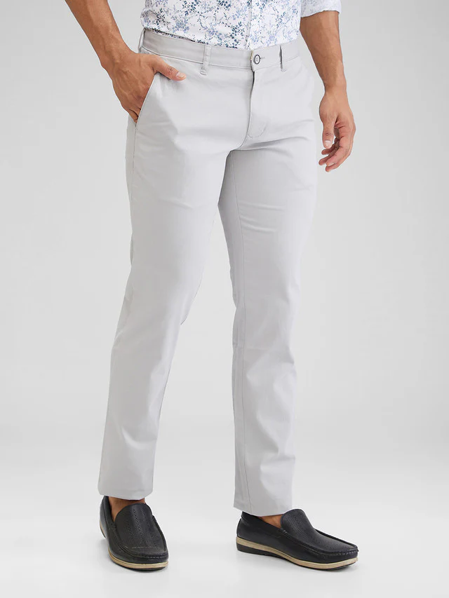 Parx Grey Solid Low Rise Tapered Fit Cotton Blend Trouser - Image 2