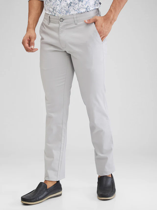 Parx Grey Solid Low Rise Tapered Fit Cotton Blend Trouser - Image 3