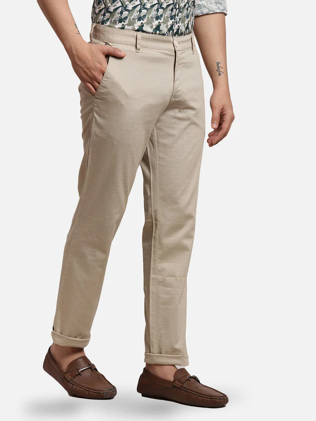 Parx Khaki Printed Low Rise Tapered Fit Cotton Blend Trouser - Image 2