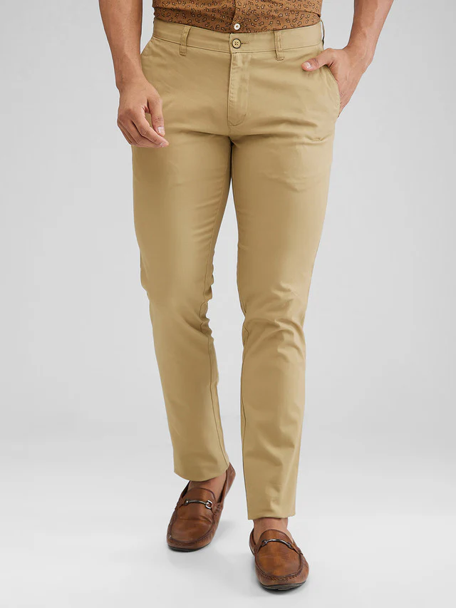 Parx Khaki Solid Low Rise Tapered Fit Cotton Blend Trouser