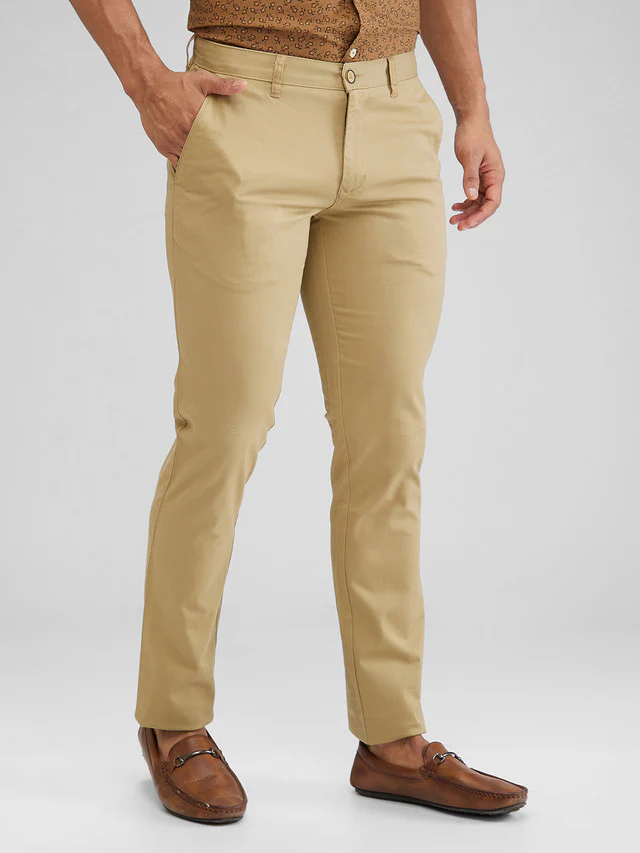Parx Khaki Solid Low Rise Tapered Fit Cotton Blend Trouser - Image 2