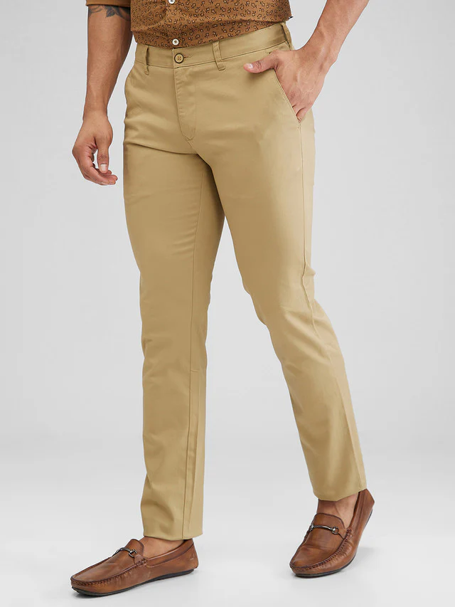 Parx Khaki Solid Low Rise Tapered Fit Cotton Blend Trouser - Image 3