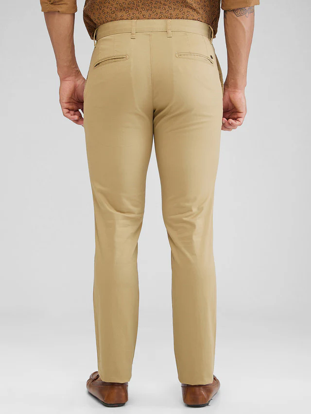 Parx Khaki Solid Low Rise Tapered Fit Cotton Blend Trouser - Image 4