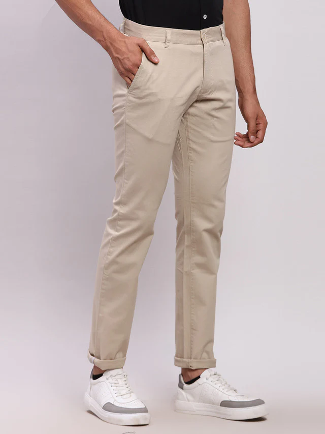 Parx Khaki Solid Low Rise Tapered Fit Cotton Blend Trouser - Image 2