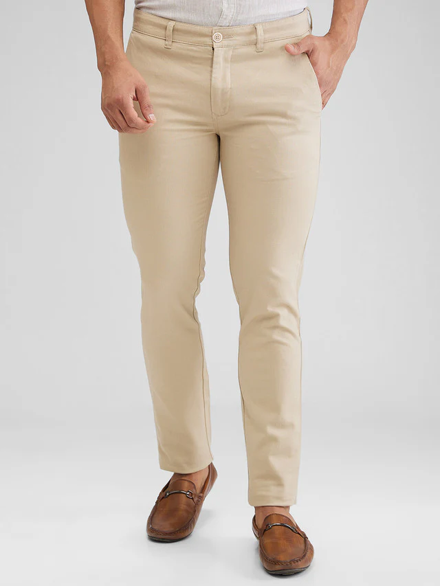 Parx Khaki Solid Super Slim Fit Cotton Blend Trouser