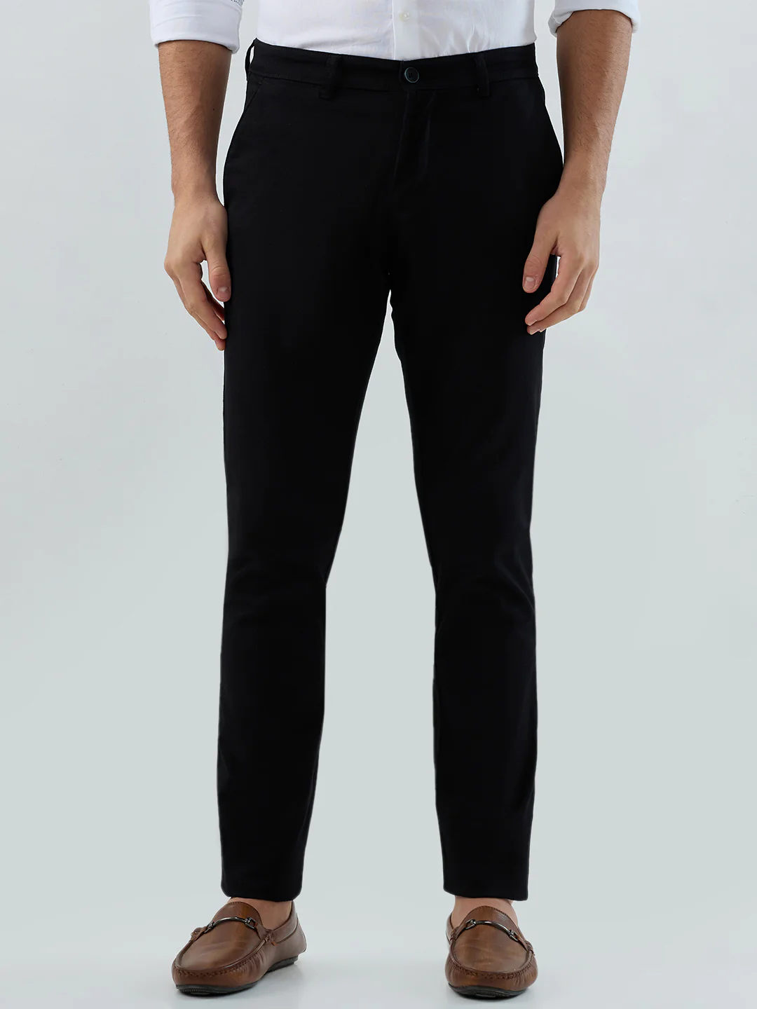 Parx Men Black Dobby Low Rise Tapered Fit Cotton Blend Trouser