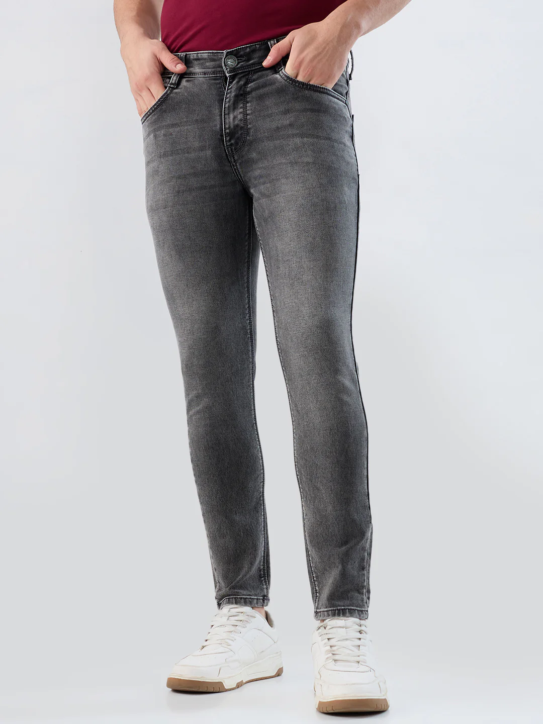 Parx Men Black Knitted Low Rise Skinny Cropped Fit Cotton Blend Jeans