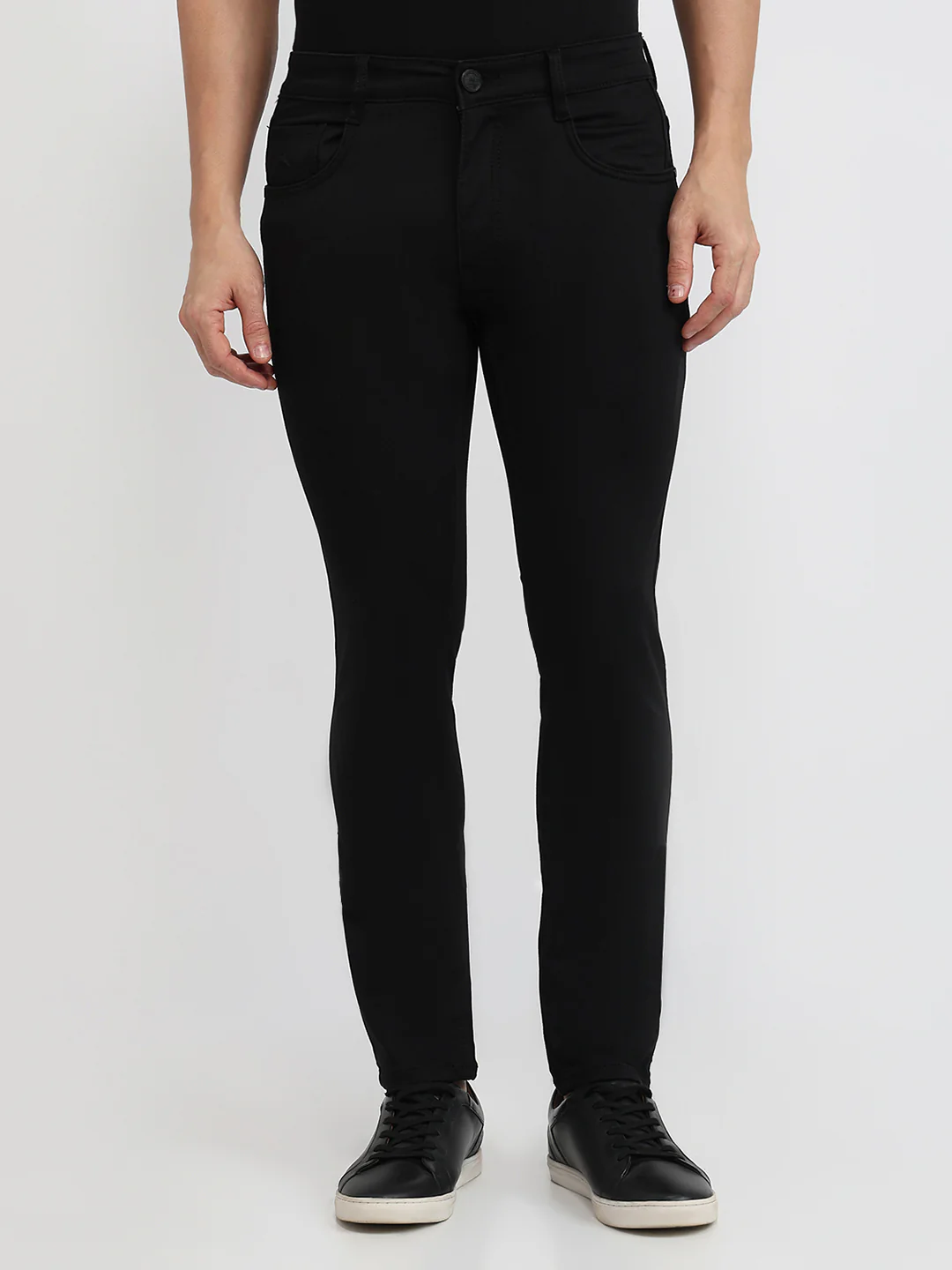 Parx Men Black Knitted Slim Tapered Fit Cotton Blend Jeans
