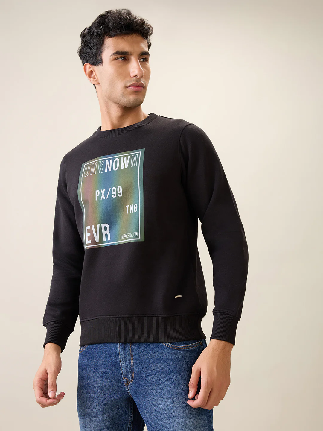 Parx Men Black Printed Regular Fit Cotton Blend Full Sleeve Round Neck Collar Sweatshirt - Image 2
