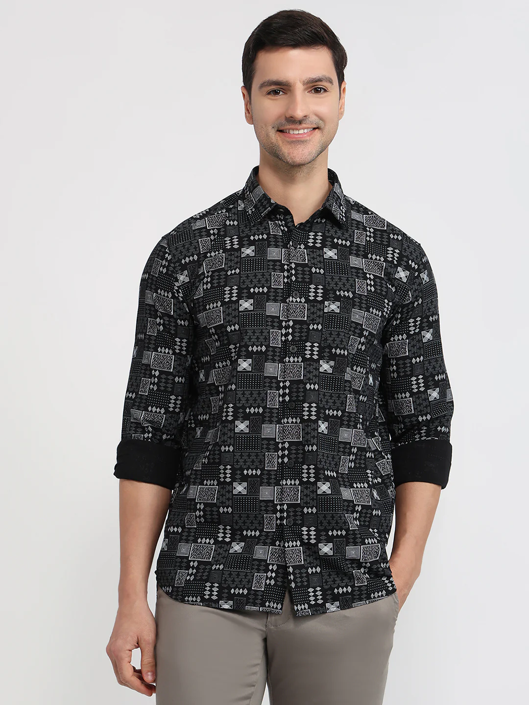 Parx Men Black Printed Slim Fit Cotton Casual Shirt