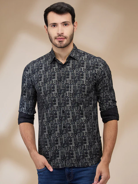 Parx Men Black Printed Slim Fit Cotton Shirt