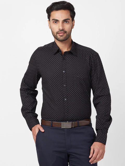 Parx Men Black Slim Fit Printed Full Sleeve Cutaway Collar Shirt