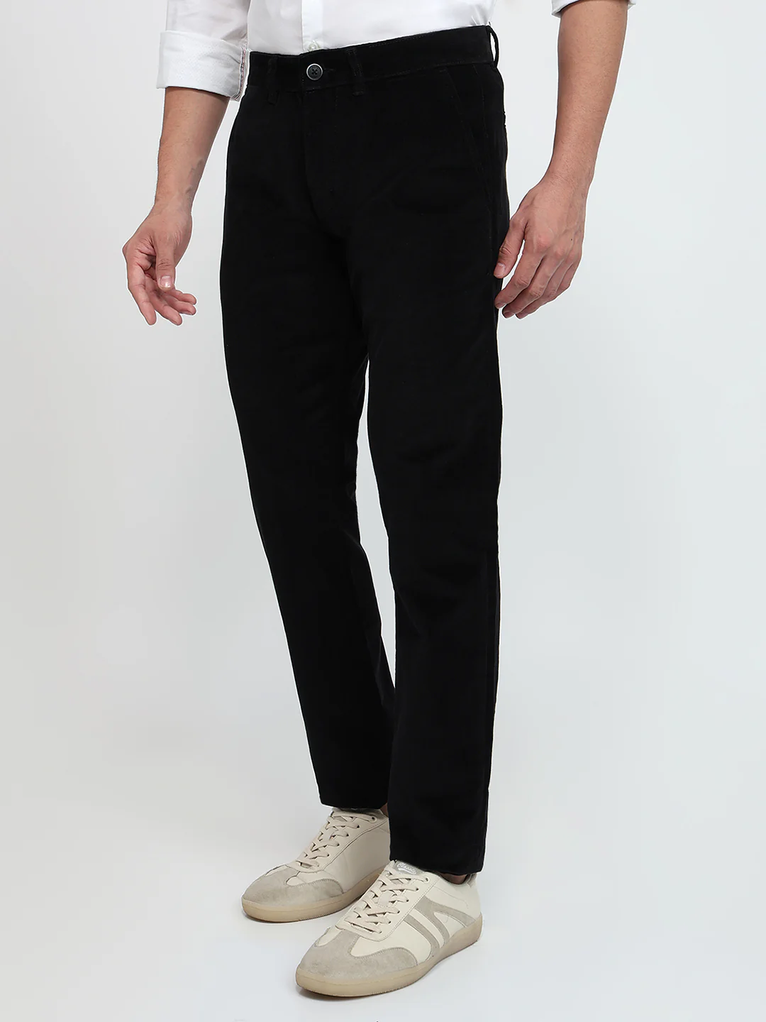 Parx Men Black Solid Low Rise Tapered Fit Cotton Blend Trouser - Image 2
