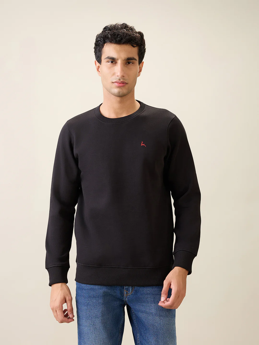 Parx Men Black Solid Regular Fit Cotton Blend Full Sleeve Round Neck Collar Sweatshirt