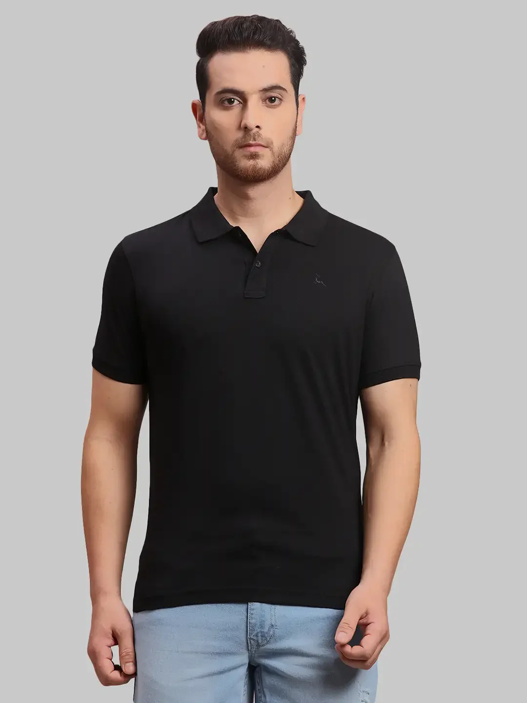 Parx Men Black Solid Regular Fit Cotton Half Sleeve Polo Neck T-Shirt