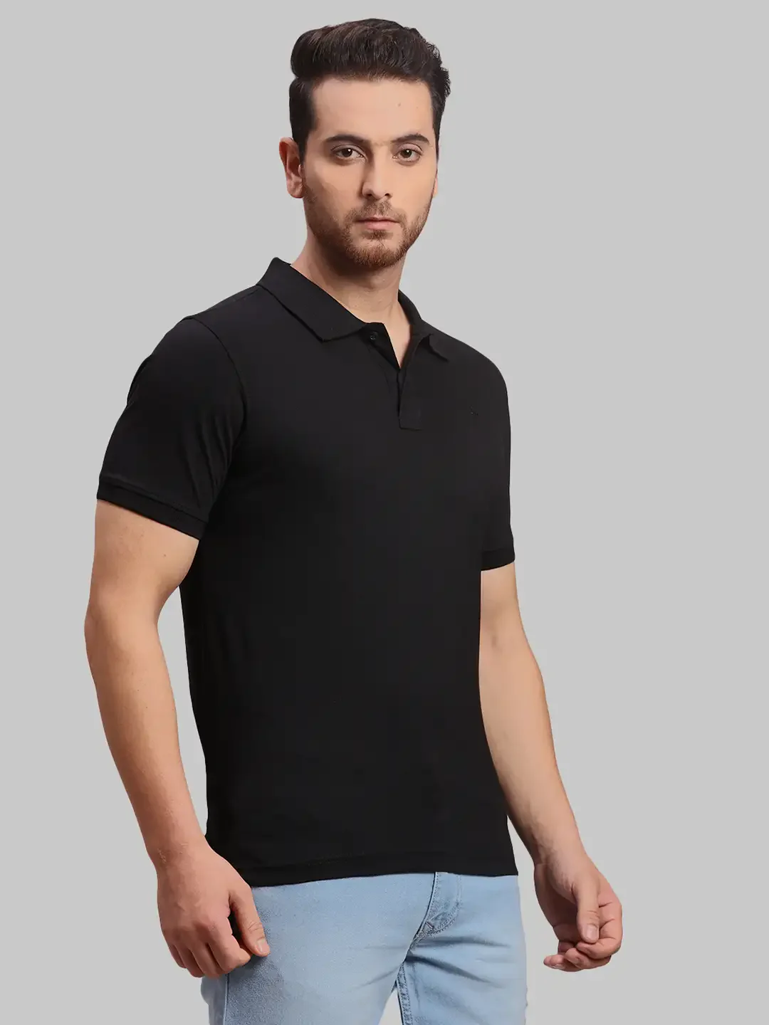 Parx Men Black Solid Regular Fit Cotton Half Sleeve Polo Neck T-Shirt - Image 2