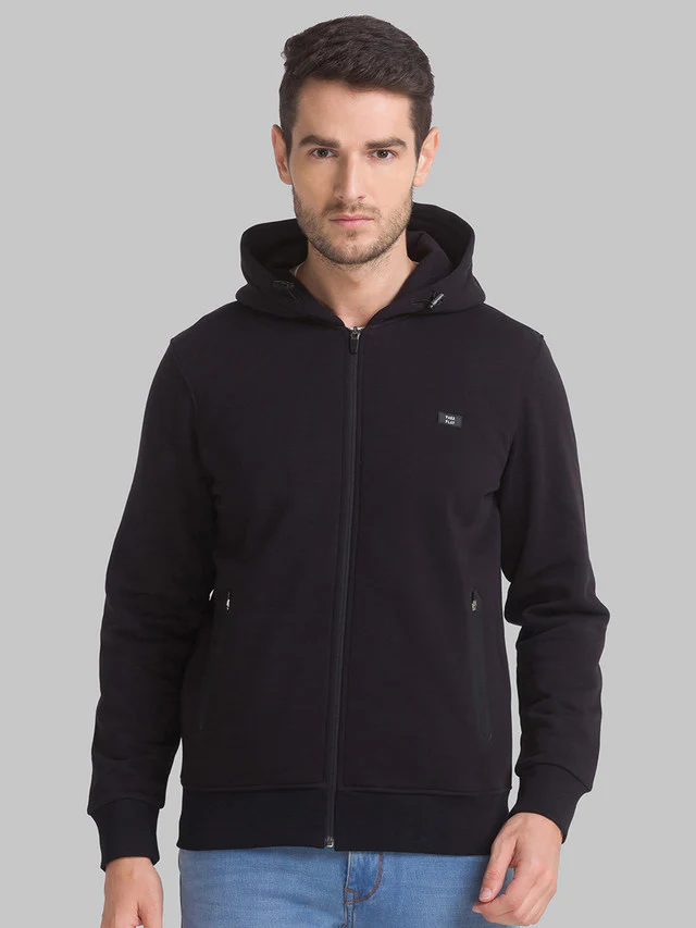 Parx Men Black Solid Regular Fit Full Sleeve Hooded Neck Sweatshirt