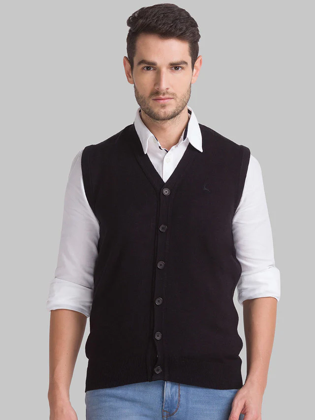 Parx Men Black Solid Regular Fit Sleeveless V Neck Sweater