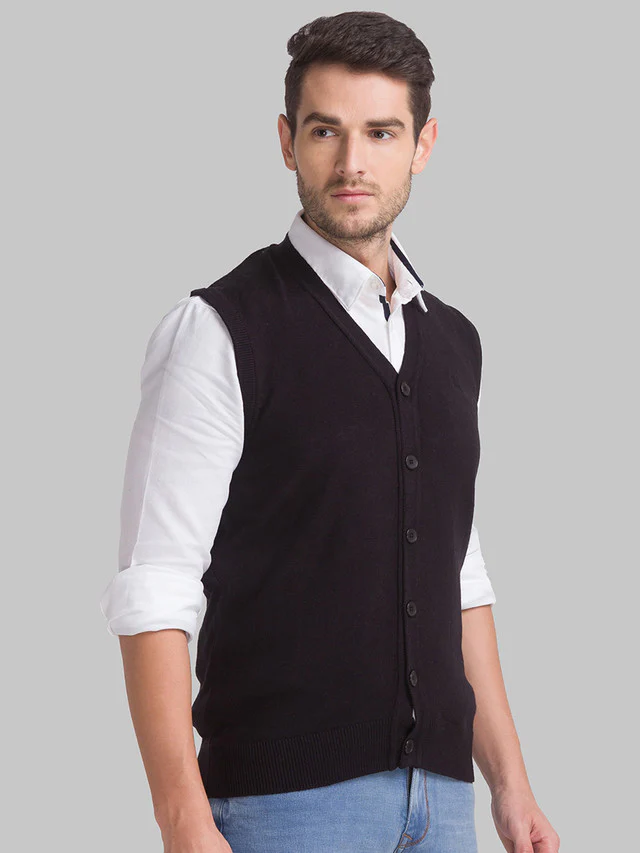 Parx Men Black Solid Regular Fit Sleeveless V Neck Sweater - Image 2