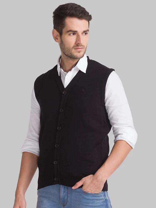 Parx Men Black Solid Regular Fit Sleeveless V Neck Sweater - Image 3