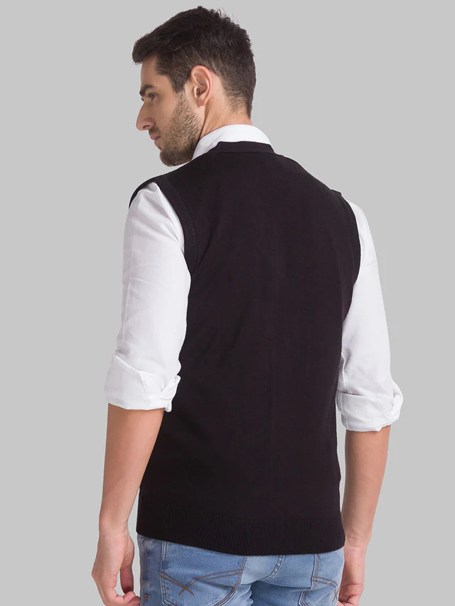 Parx Men Black Solid Regular Fit Sleeveless V Neck Sweater - Image 4