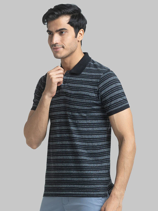 Parx Men Black Yarn Dyed Regular Fit Half Sleeve Polo Neck T-Shirt - Image 3