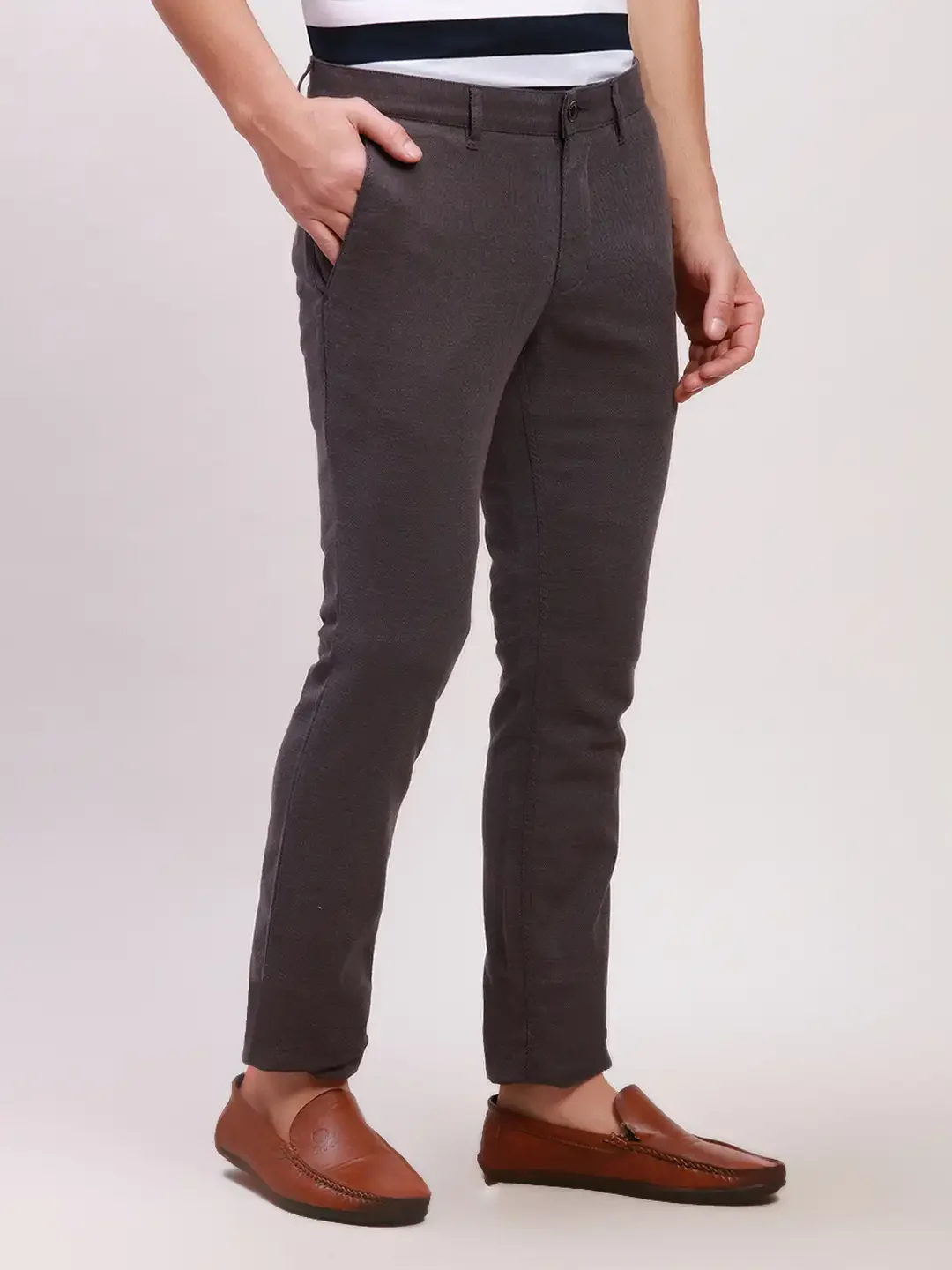 Parx Men Black Yarn Dyed Super Slim Cotton Blend Trousers - Image 2