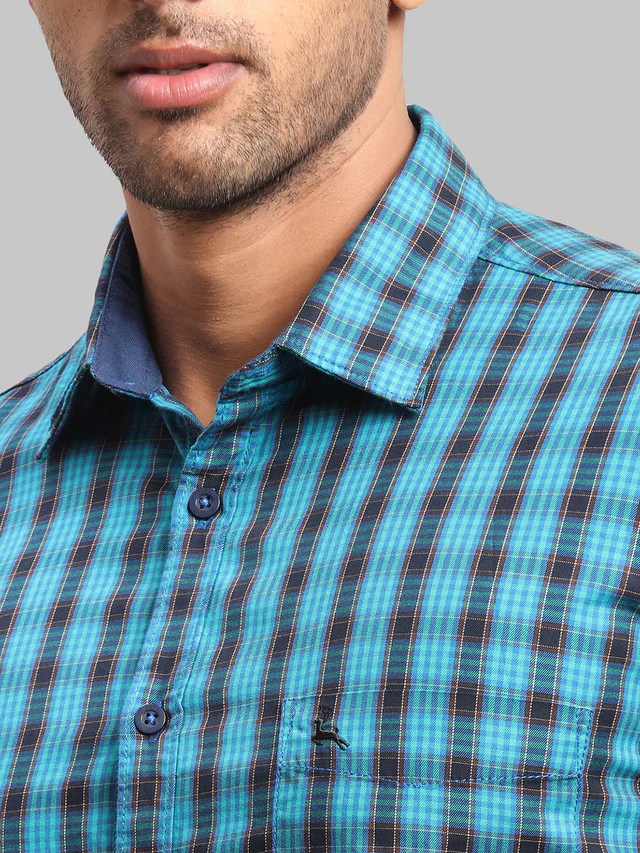 Parx Men Blue Checkered Slim Fit Full Sleeve Semi Cut Away Collar Shirt - Image 6
