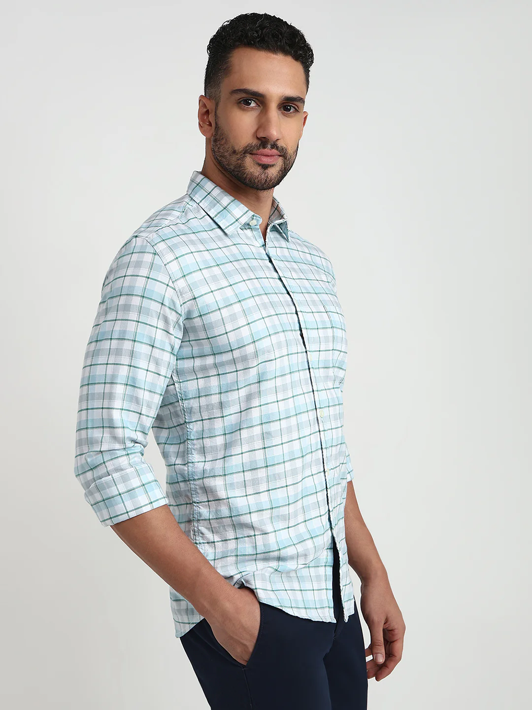 Parx Men Blue Checks Slim Fit Cotton Blend Casual Shirt - Image 3