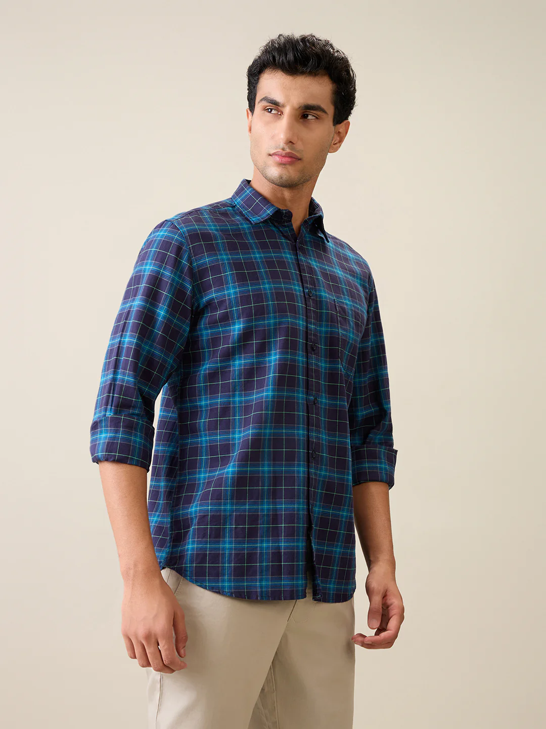 Parx Men Blue Checks Slim Fit Cotton Casual Shirt - Image 3