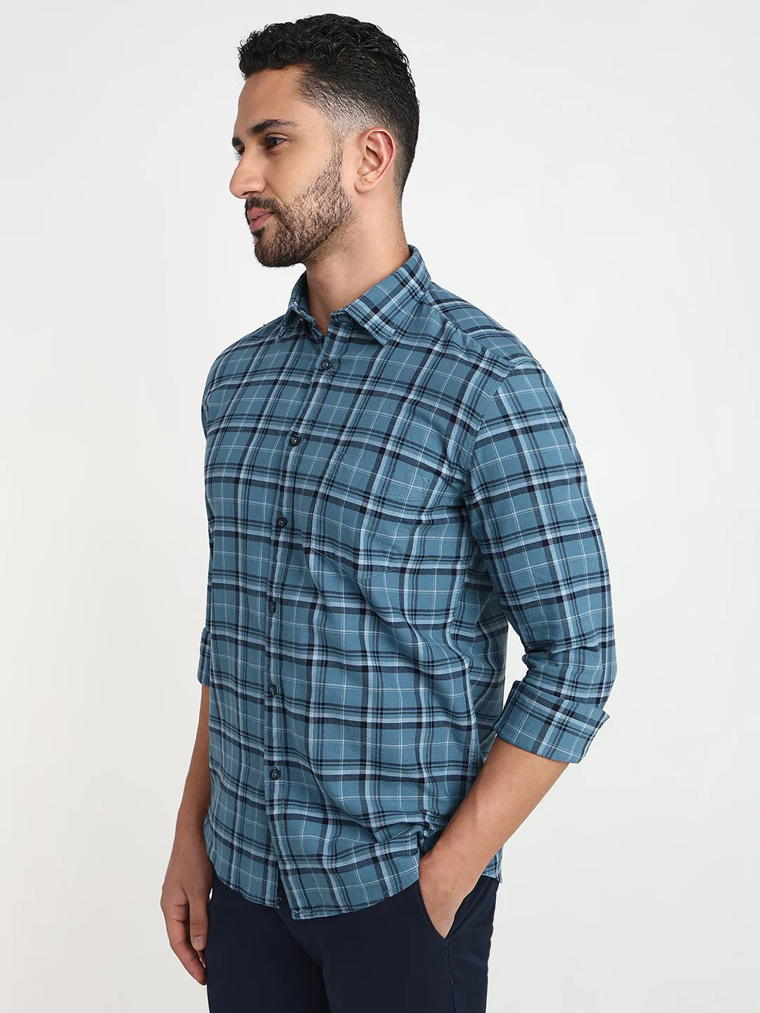 Parx Men Blue Checks Slim Fit Cotton Casual Shirt - Image 2