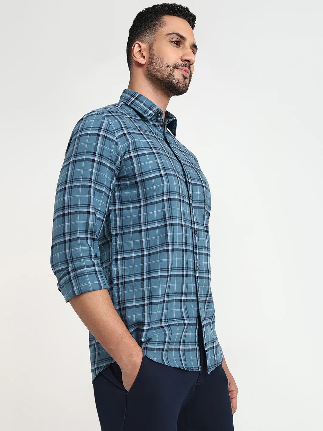 Parx Men Blue Checks Slim Fit Cotton Casual Shirt - Image 3