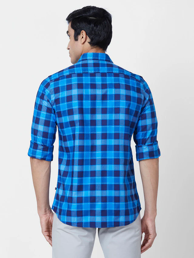 Parx Men Blue Checks Slim Fit Cotton Casual Shirt - Image 4